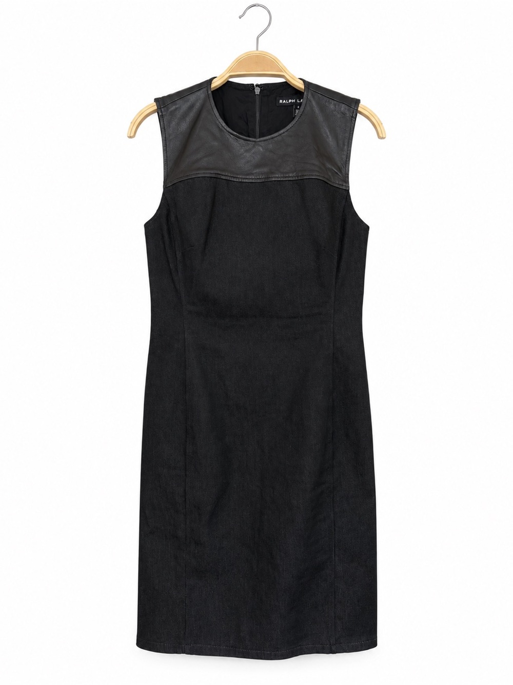 Ralph Lauren Black Denim Leather Yoke Sheath Dress Size 6 Made in Italy